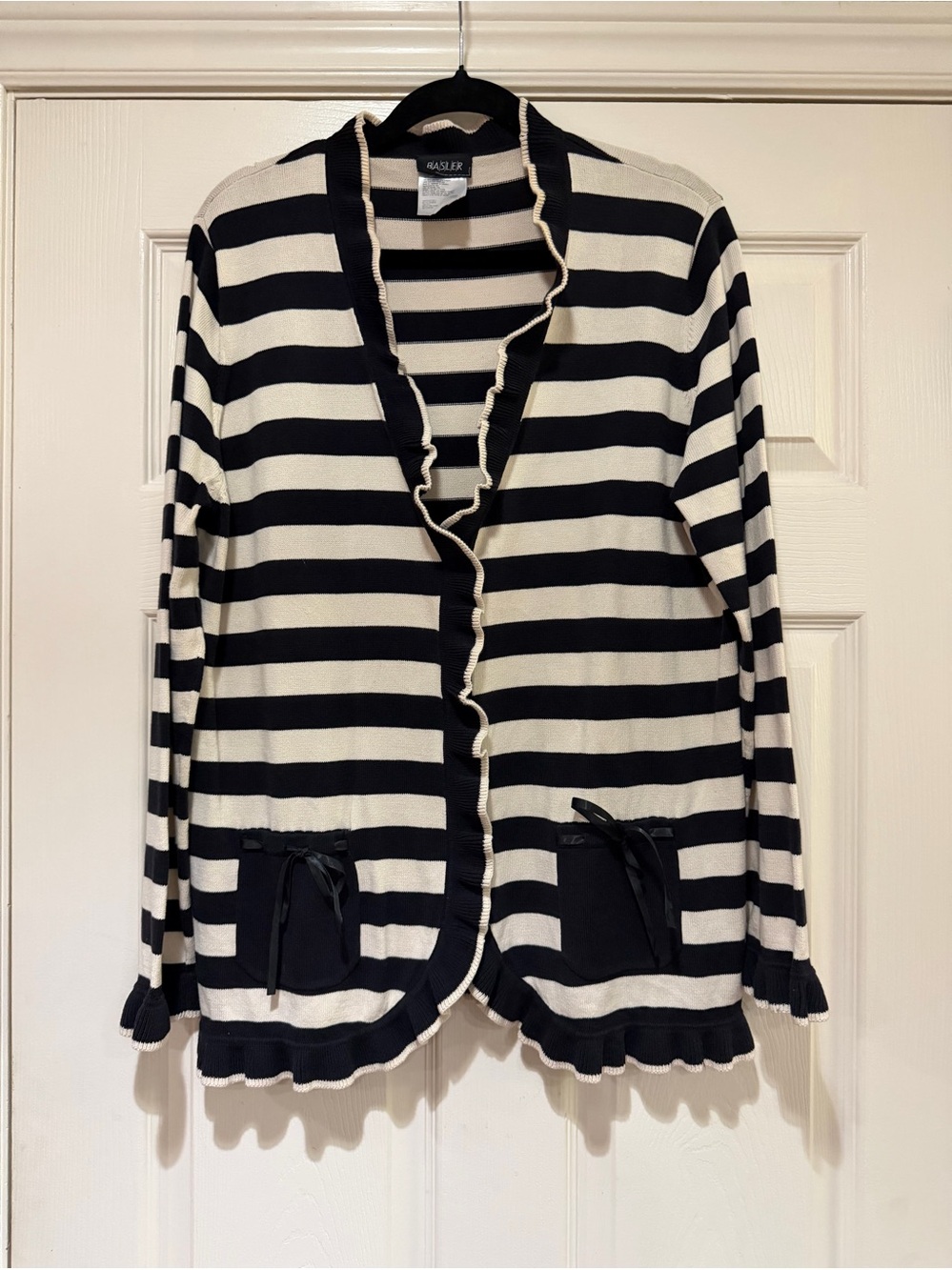 Vintage 90s BASLER Germany Striped Ruffle Cotton Cardigan with Bow Pockets